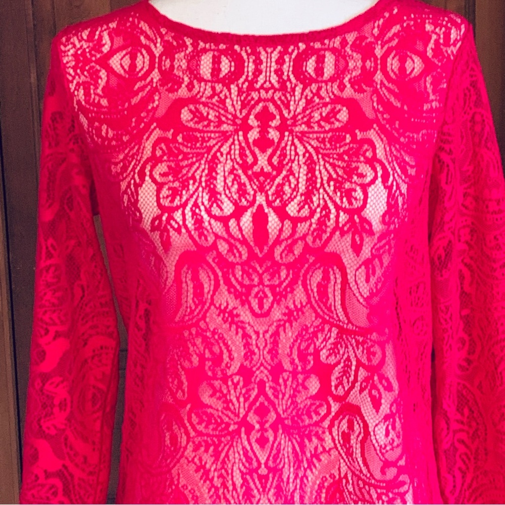 5/$15 Susan Graver Hot Pink lace long sleeve xs